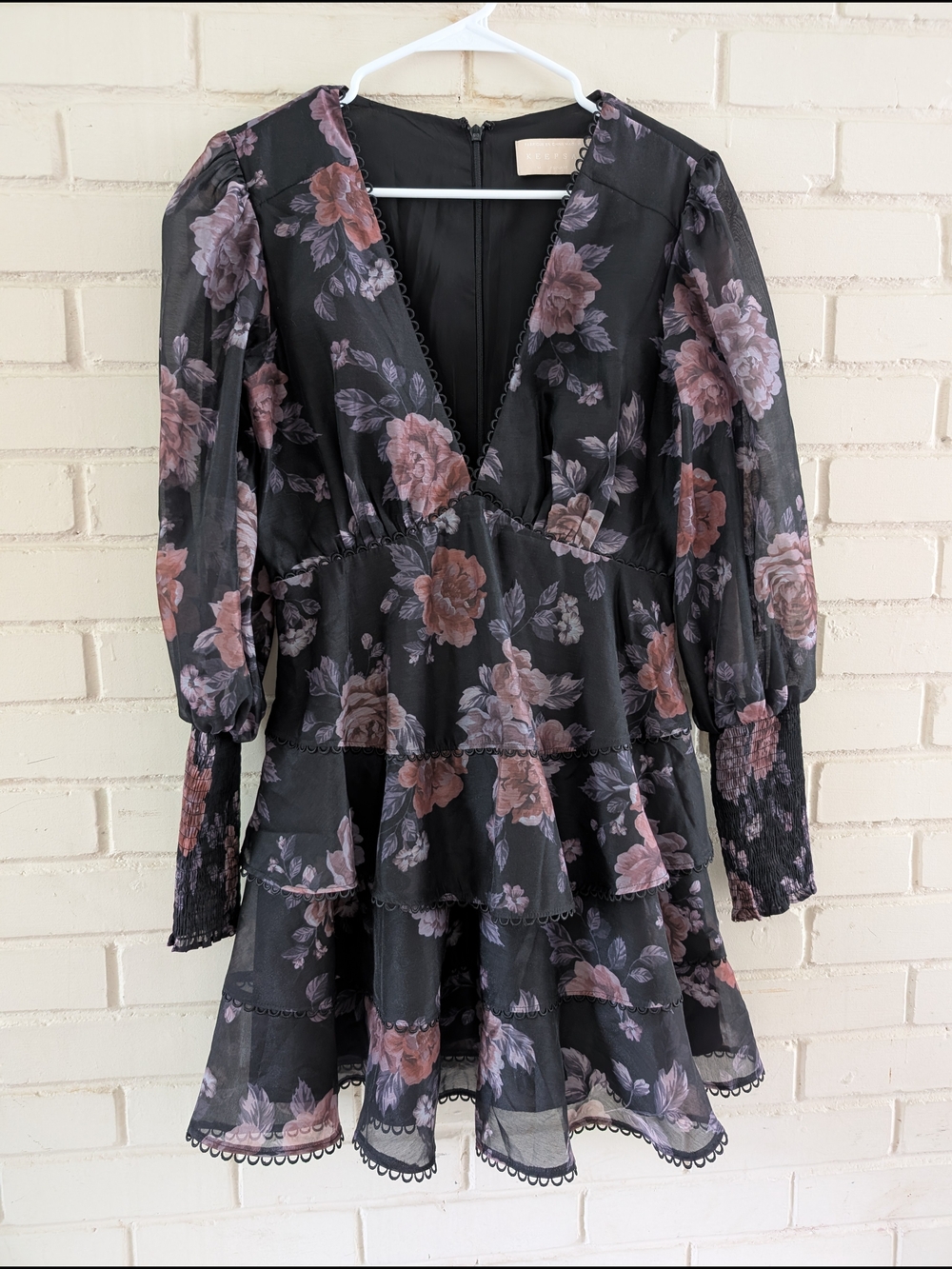 Keepsake M Oblivion Floral Tiered V-Neck Mini Dress Black with Mauve Roses